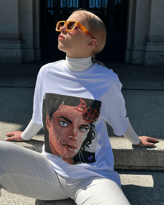 Custom Michael Jackson – Bad Oversized Unisex T-Shirt (Front: Digital Print, Back: Hand-Painted Typography with Special Acrylics)