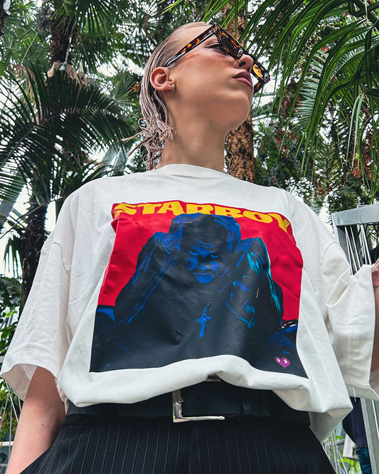 Custom The Weeknd – Starboy Oversized Unisex T-Shirt (Front: Digital Print, Back: Hand-Painted Typography with Special Acrylics)